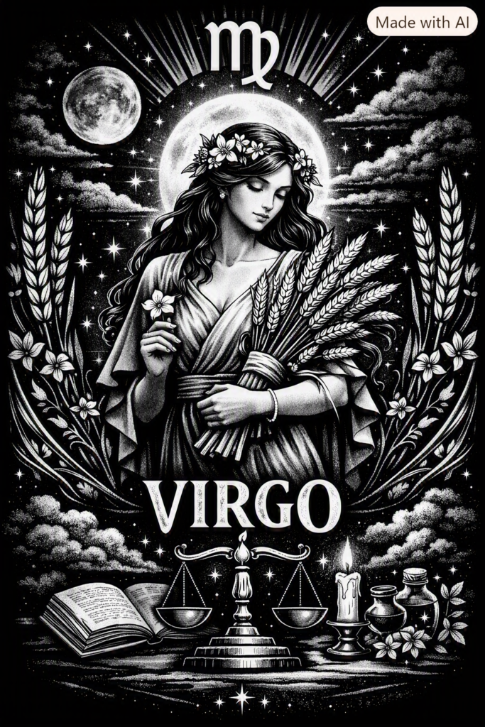 Black and white illustration of the Virgo zodiac sign showing a serene maiden with long flowing hair, holding a sheaf of wheat and a flower under a glowing full moon. Surrounded by stars, clouds, and wheat stalks, with the Virgo glyph above and the word “VIRGO” below in ornate lettering.