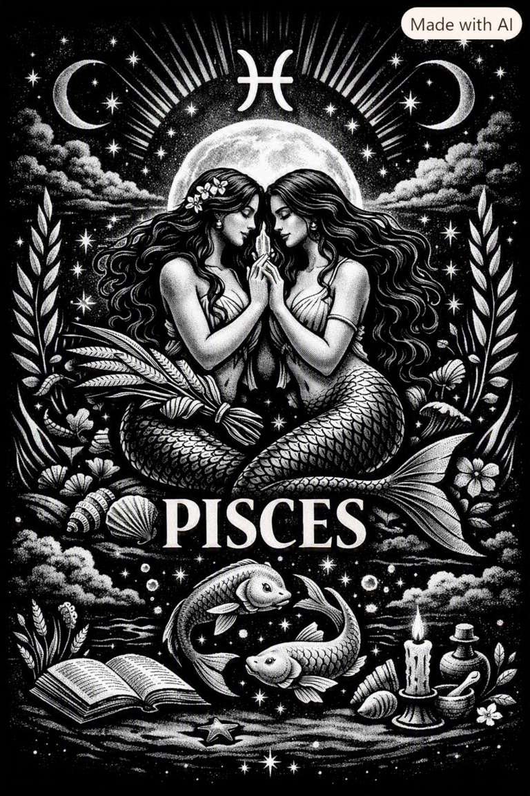 Black and white Pisces zodiac illustration featuring two mermaid figures touching hands beneath a glowing full moon, surrounded by stars, crescent moons, waves, coral, seashells, and two fish swimming in a yin‑yang formation with “PISCES” written below.
